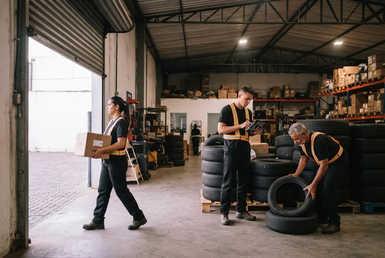 Equipe com colete refletivo movimentando caixas e pneus em um armazém