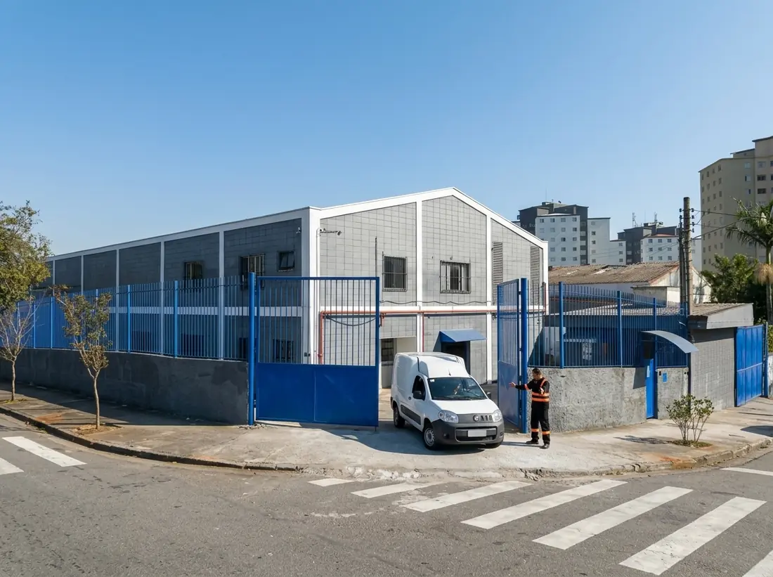 Fachada do galpão da Z9 Logística em Santo André, com portões azuis