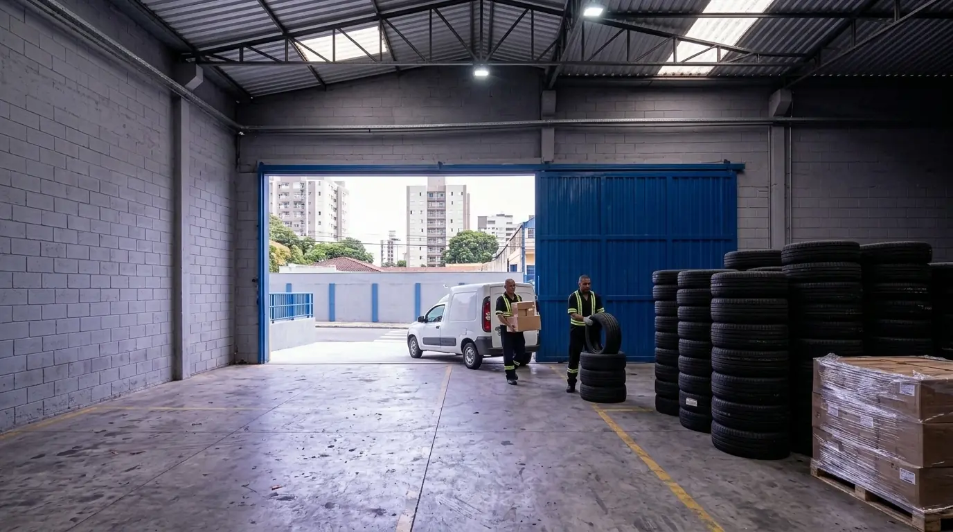 Equipe da Z9 carregando uma van na porta do galpão em Santo André